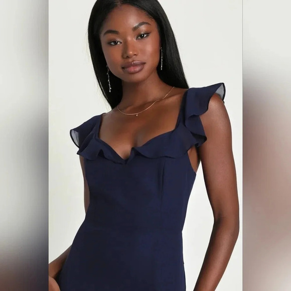 Lulu's Sweetest Entrance Navy Blue Ruffled Tie-Back Maxi Dress M Wedding Party - Picture 4 of 11